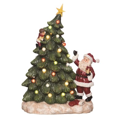 Transpac Resin 16.5 in. Multicolor Christmas Light Up Santa with Christmas Tree Decor - Green/Off-White/Red