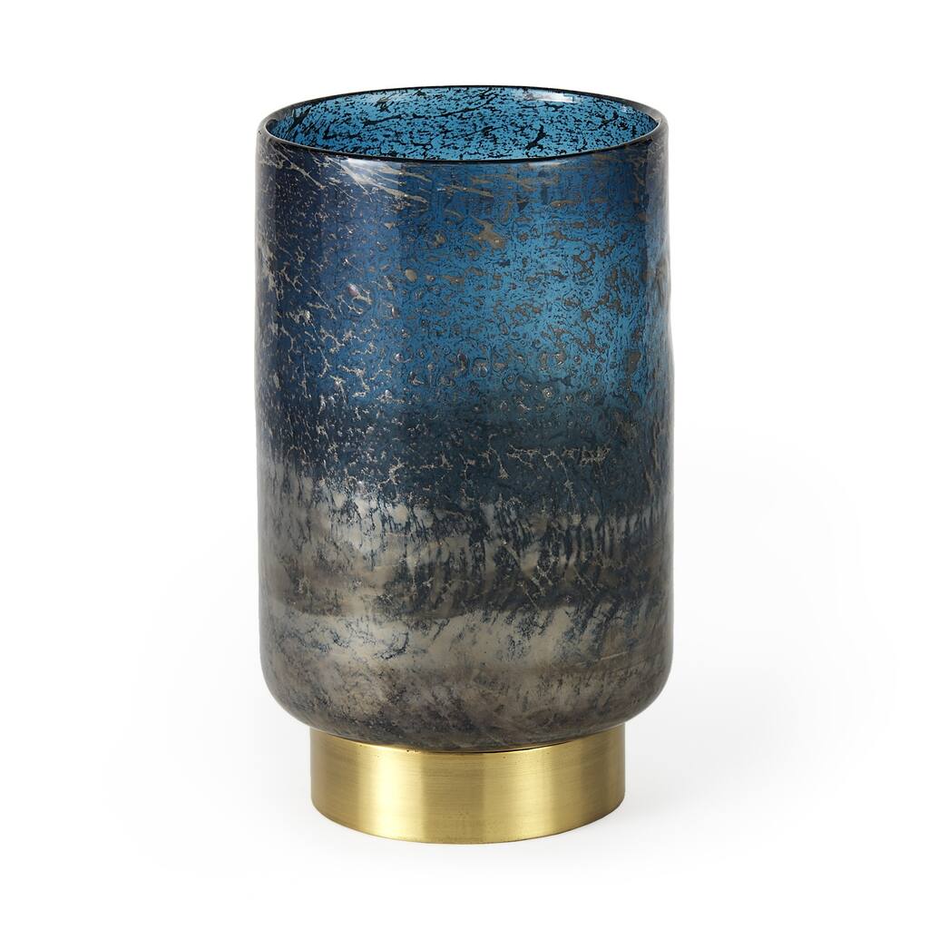 HomeRoots 10" Blue And Gold Abstract Cylinder Crystal Glass Table Vase