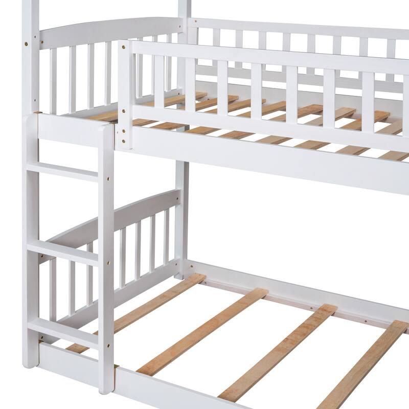 Twin Over Twin Bunk Bed with Slide, House Bed, White
