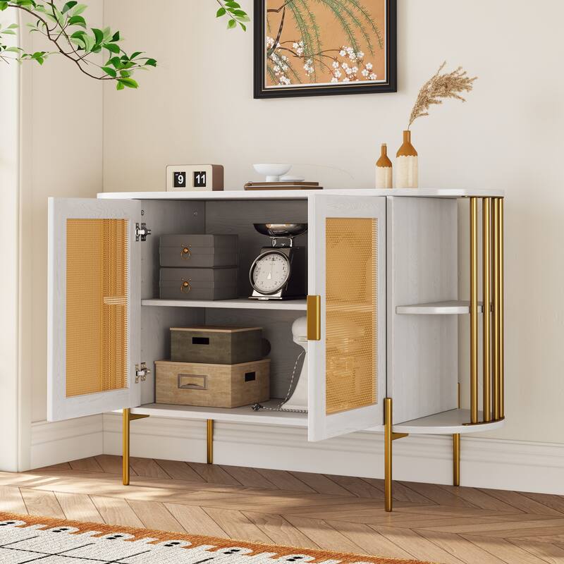Curved Dining Sideboard with Gold Trim and Woven Rattan Doors for Stylish Dining Room Storage