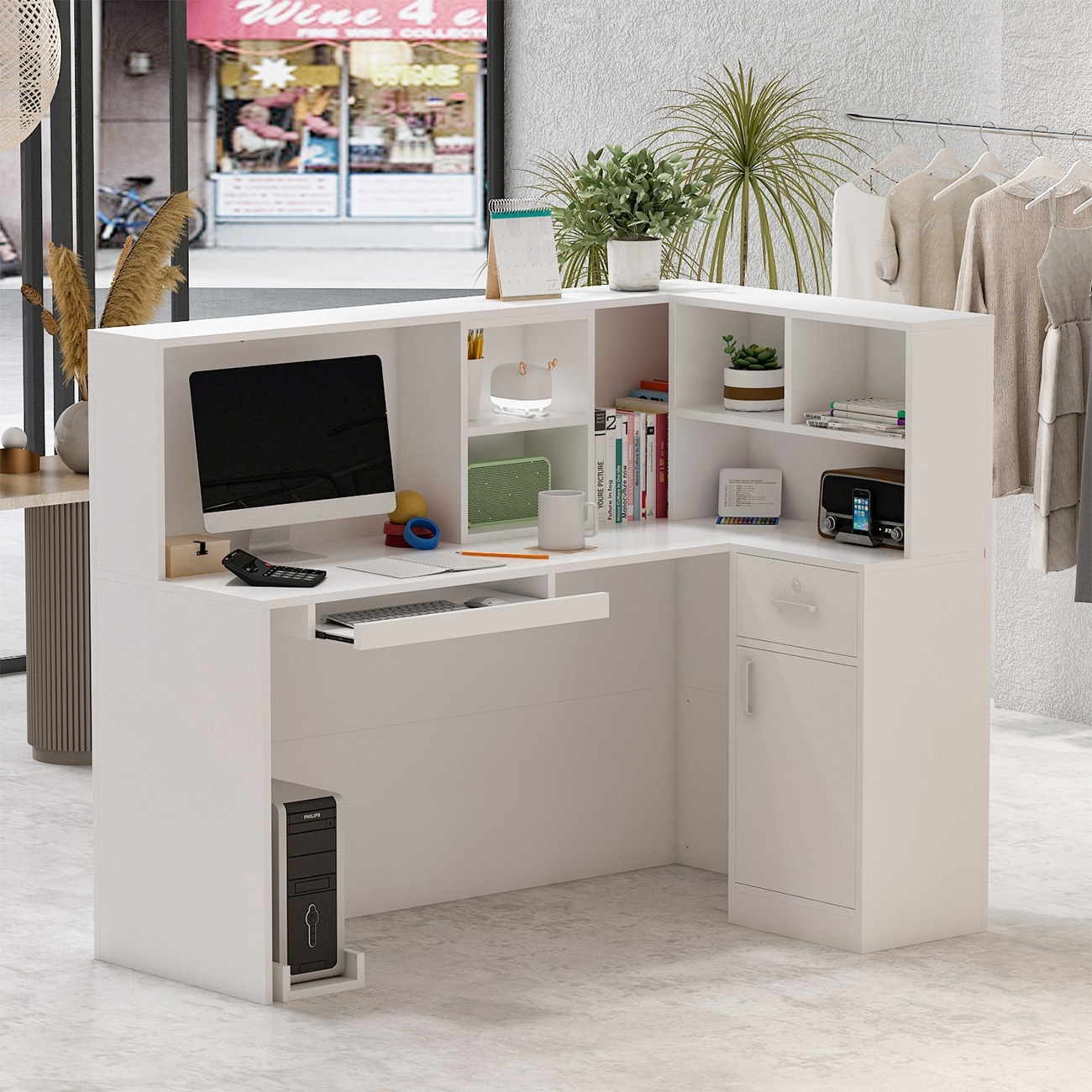 Modern Reception Desk L-Shaped White Front Counter Table by Timechee