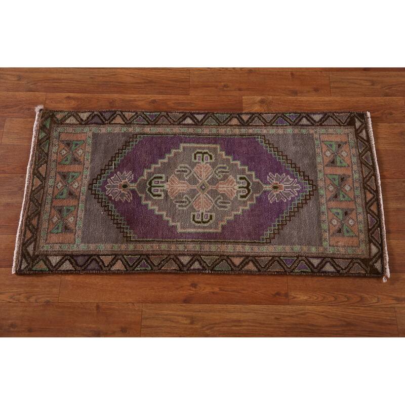 Hand Knotted Oriental 100% Wool Carpet Transitional Tribal Purples Anatolian Area Rug - 2' 11'' X 1' 6''