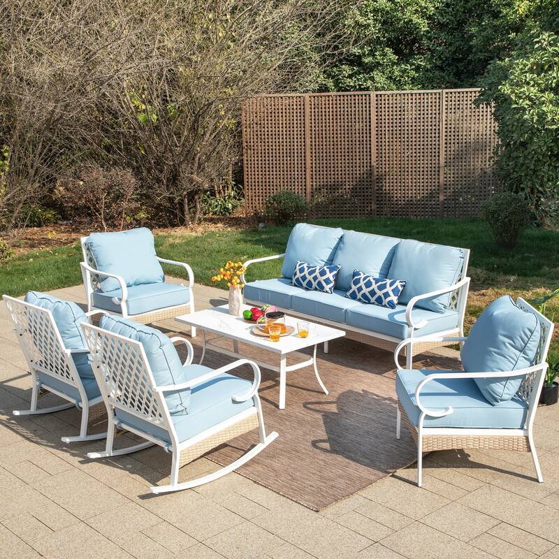 MAISON ARTS 7-Seat Patio Conversation Set, 2/4 x Cushioned Metal Chair, 1 x 2-Seat Sofa,1 x 3-Seat Sofa with Coffee Table