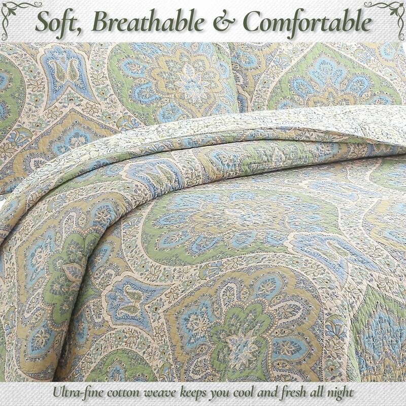 Cozy Line Tweedia Blue Green Floral Paisley Damask 3 Piece Cotton Quilt Bedding Set