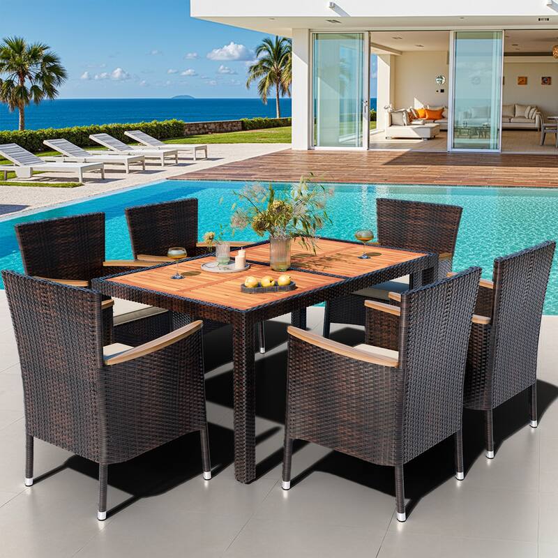 5-Piece Outdoor Wicker Dining Set with Wood Desktop Table and Chairs - N/A