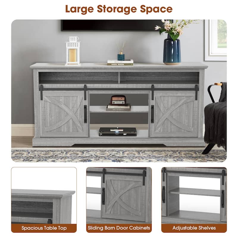 68" Farmhouse Grey Sliding Barn Door TV Stand with Storage Open Compartment