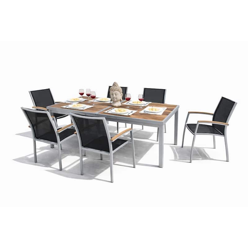 Luna Light Grey 7-Piece Aluminum Outdoor Dining Set with Sling Set in Black - N/A