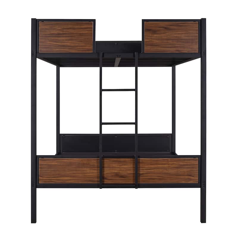 Twin/Full Size Bunk Bed with Steel Frame, Safety Rail, and Built-In Ladder, Space-Saving Design for Kids and Adults