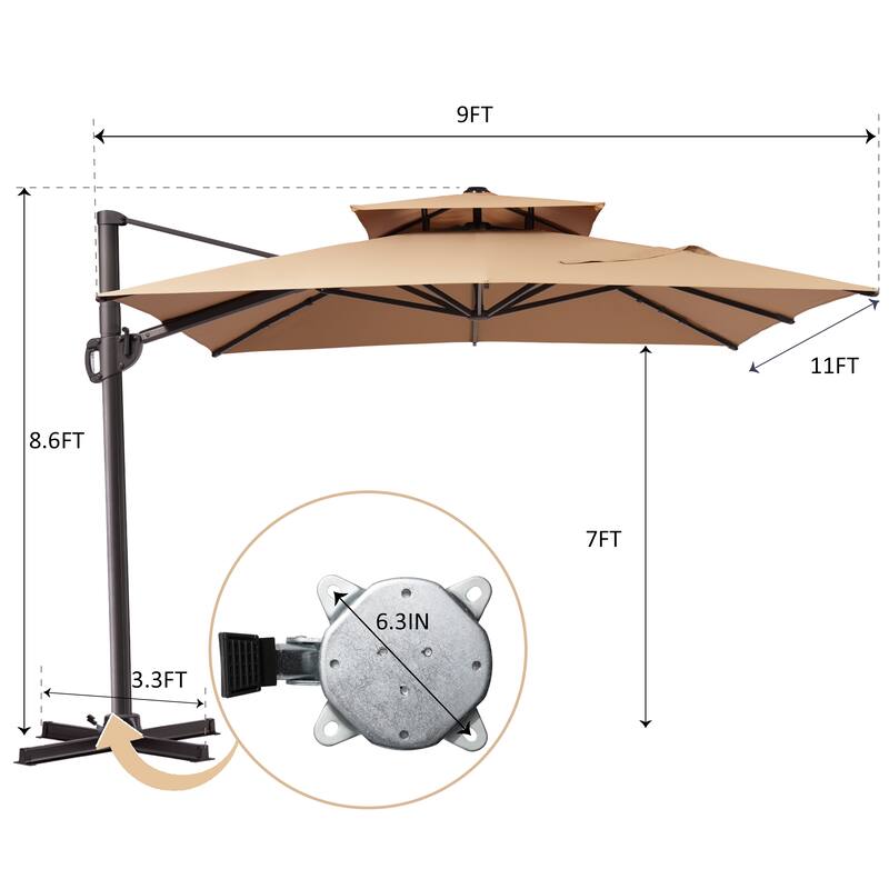 9x11FT Outdoor Patio Dual Top Umbrella Cantilever Offset with Rod Base