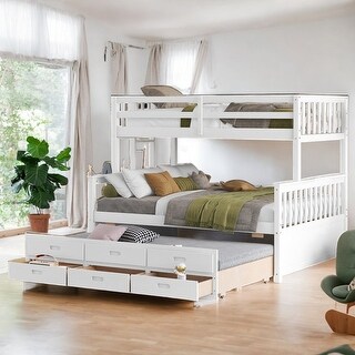 Luxury Twin-Over-Full Bunk Bed with Twin size Trundle and Drawers for Bedroom, Sturdy Construction & Unique Design