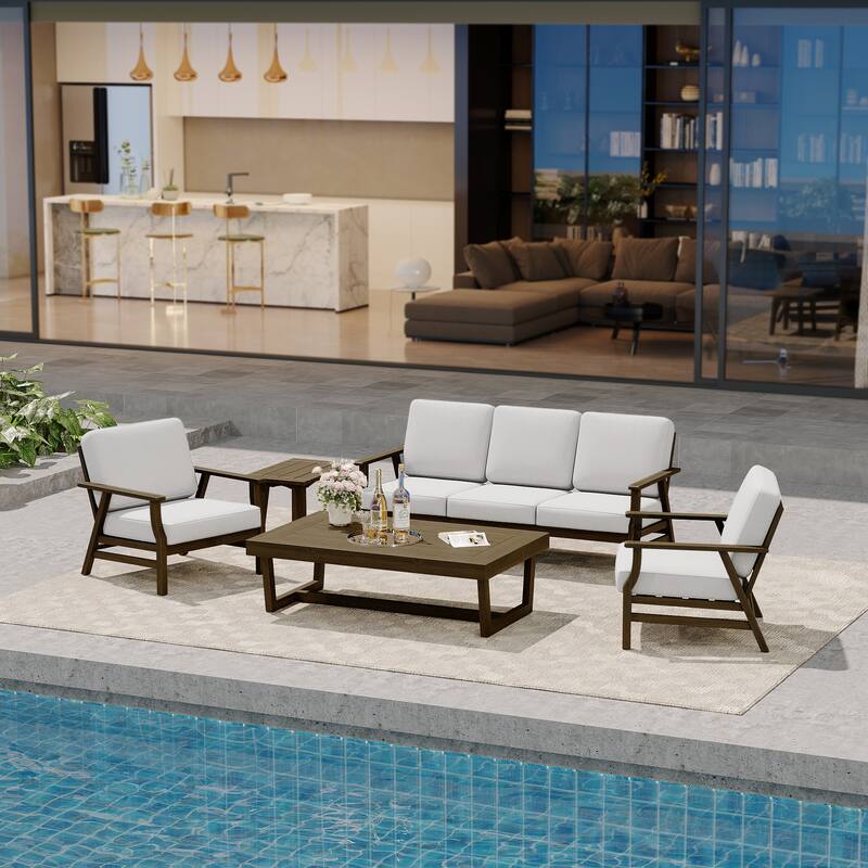 Modern Wood Cushioned Outdoor Patio Sofa Loveseat with Coffee Table