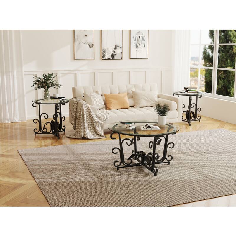 3-Piece Coffee Table Set,Tempered Glass Surface with Sturdy Metal Frame-Modern Living Room Sets(1 Coffee Table + 2 End Tables)