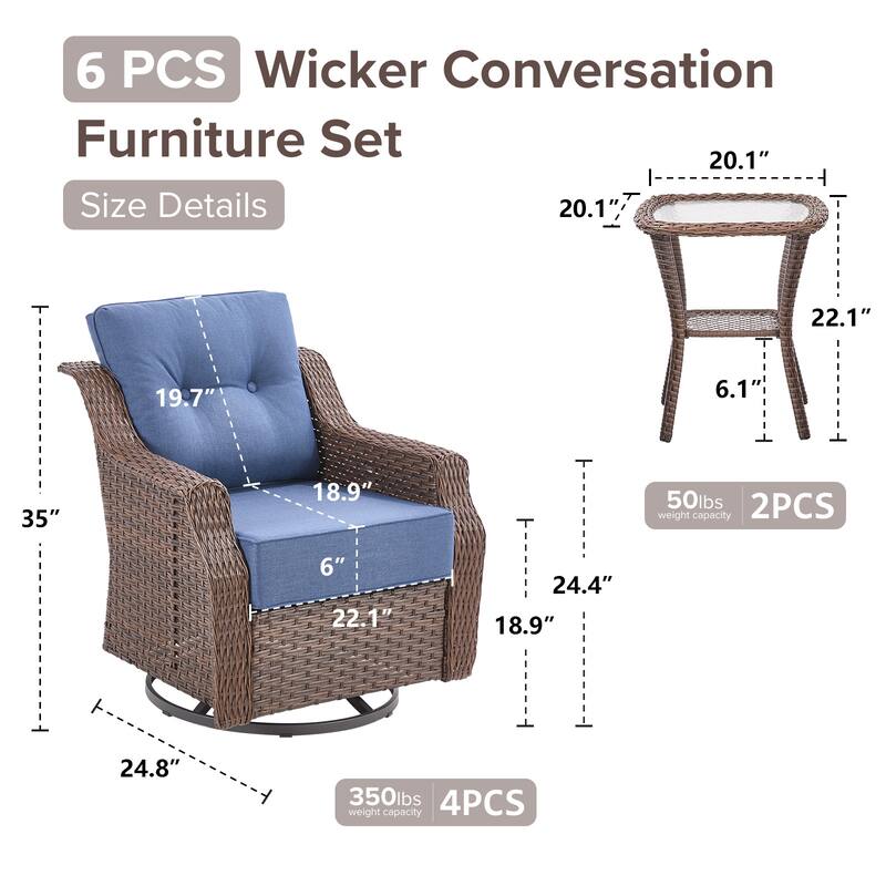 Gymojoy 6-Piece Wicker Patio Swivel Glider Chairs Set, 6-Inch Ultra Thick Cushioned