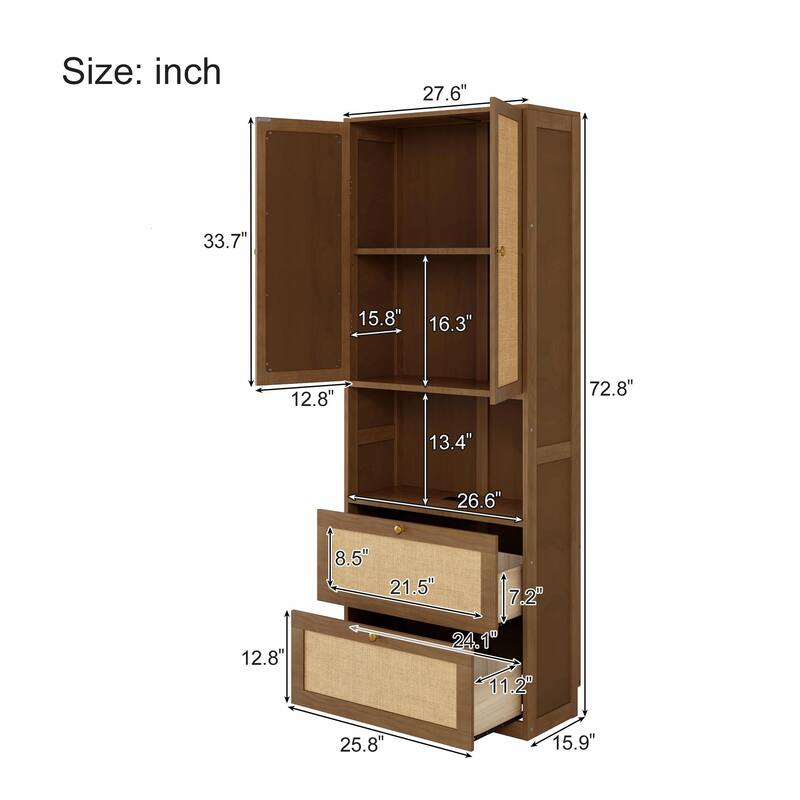 2-Door Bookshelf with USB Port and 3 Drawers, Side Cabinet Storage Shelves