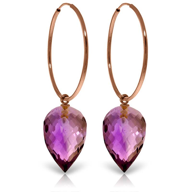 14K Solid Gold Hoop Earrings w/ Pointy Briolette Drop Amethysts - Rose