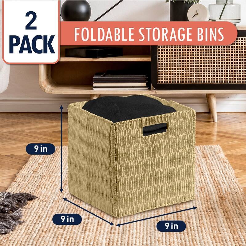 2 Pack Foldable Paper Wicker Shelf Storage Basket Cube Bin with Handles