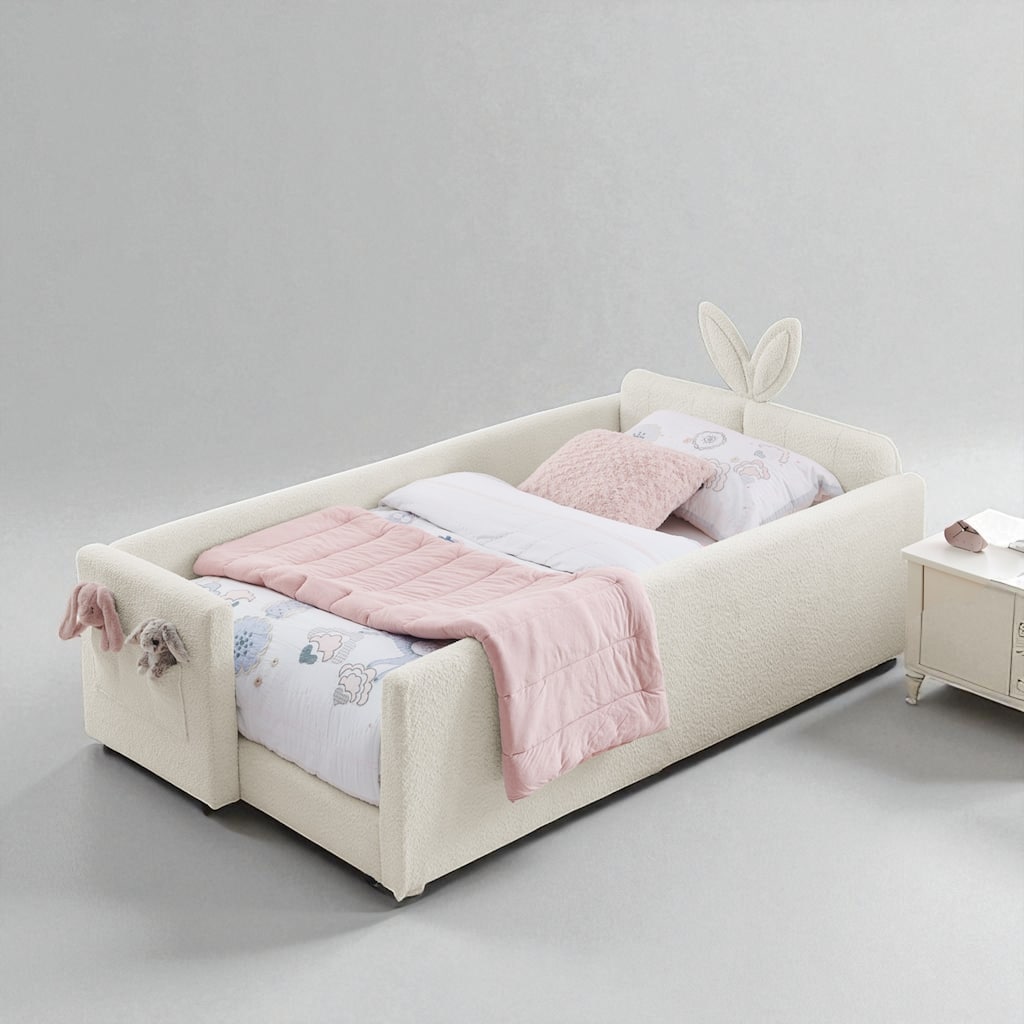 Twin Size Upholstered Platform Bed with Rabbit Ear Headboard, Boucle Fabric, Safety Rail and Storage Pocket for Kids