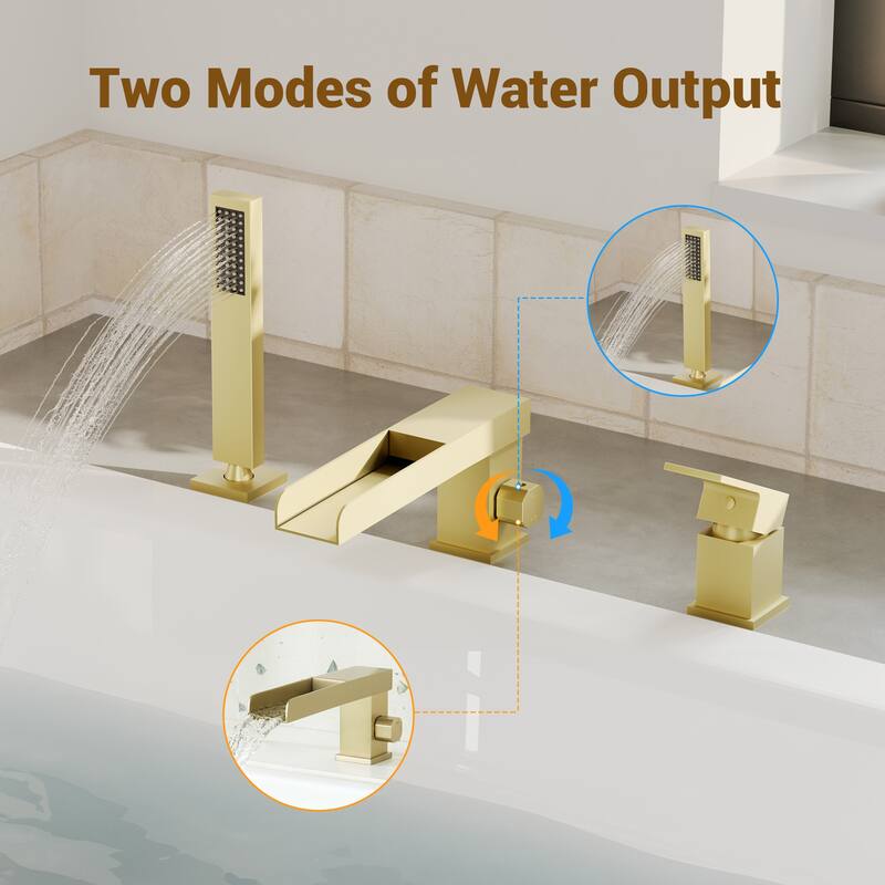 Bathtub Filler Faucet with Sprayer, Double-Handle Deck-Mount Roman Tub Faucet with Handshower, Pressure Balanced Valve Included