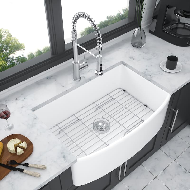 Farmhouse Kitchen Sink Ceramic Arch Edge Apron Front Single Bowl