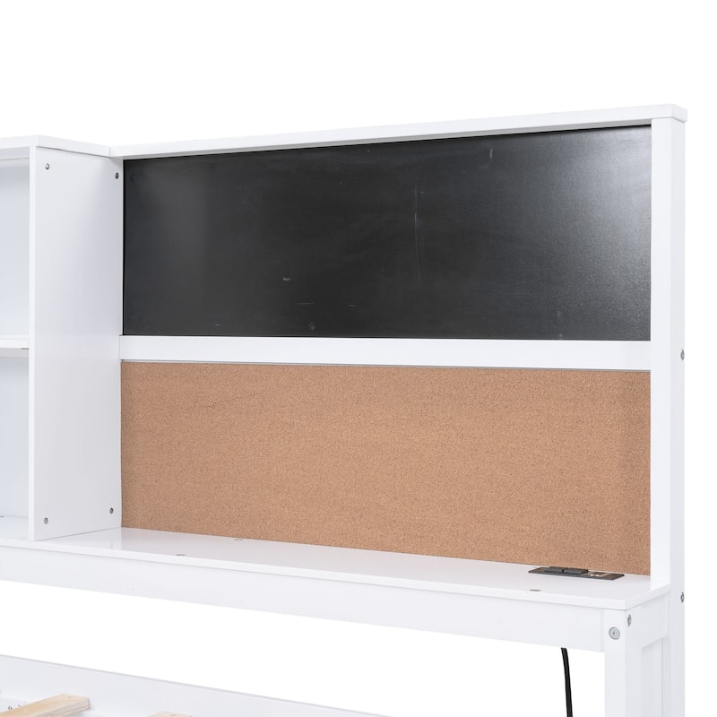 Full Size Wood Daybed with Storage Shelves, Blackboard, Cork Board, USB Charging Ports, and Trundle