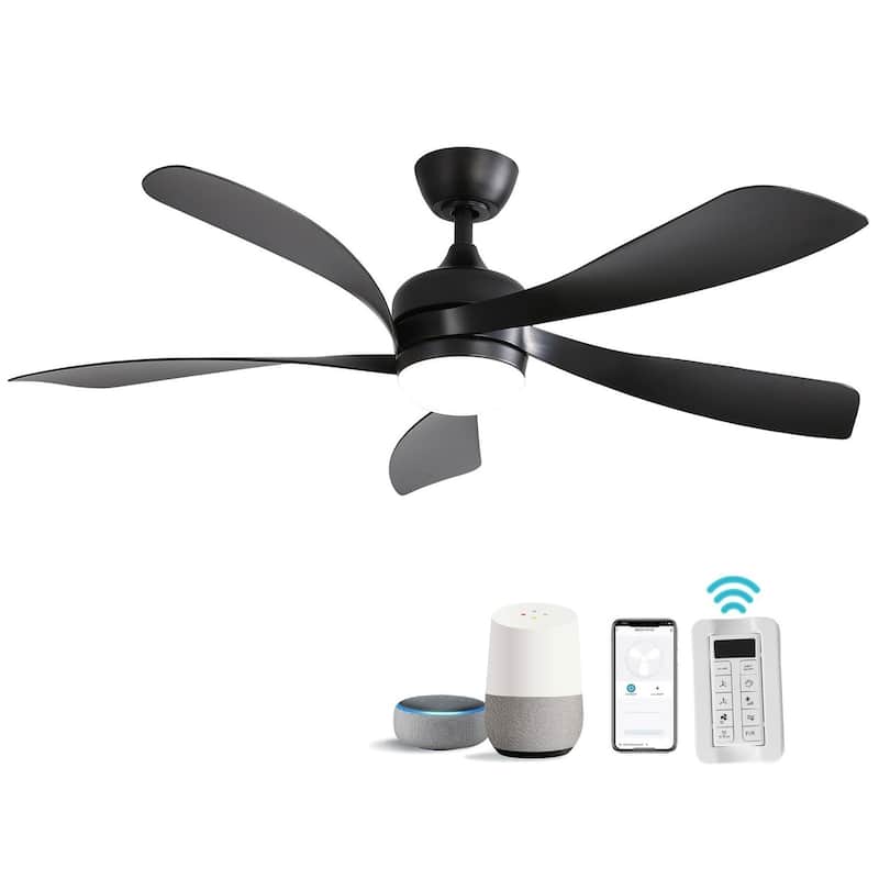 45 Inch / 52 Inch White Ceiling Fan with Dimmable LED Light and Remote, 6-Speed Reversible DC Motor, ABS Blades - Smart 45 Inch With APP/Voice/Remote Control - Black With Deep Black ABS Blades