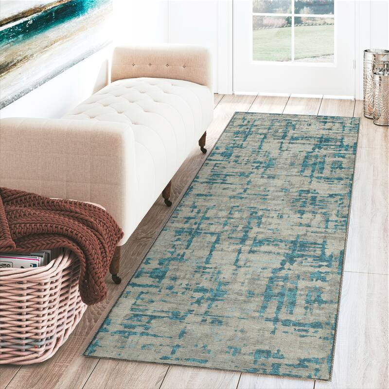 Indoor/ Outdoor Bravado Abstract Crosshatch Caramel Washable Area Rug - 2' x 7'6" - Peacock