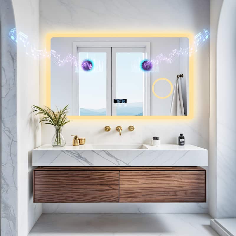 Smart LED Bathroom Mirror with Bluetooth Speaker, Anti-Fog Magnifying