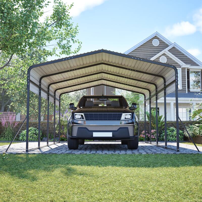 GDFStudio - Penman Heavy-duty Galvanized Steel Hardtop Carport with Upgraded Triangle Reinforced Frame for Outdoor Storage