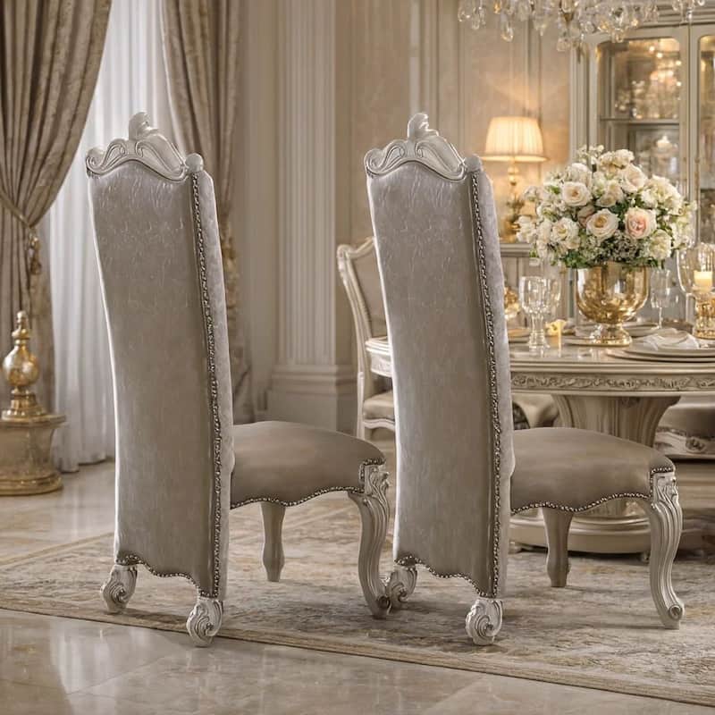Faux Leather Upholstered Wooden Side Chair with Scrolled Carvings, White, Set of 2