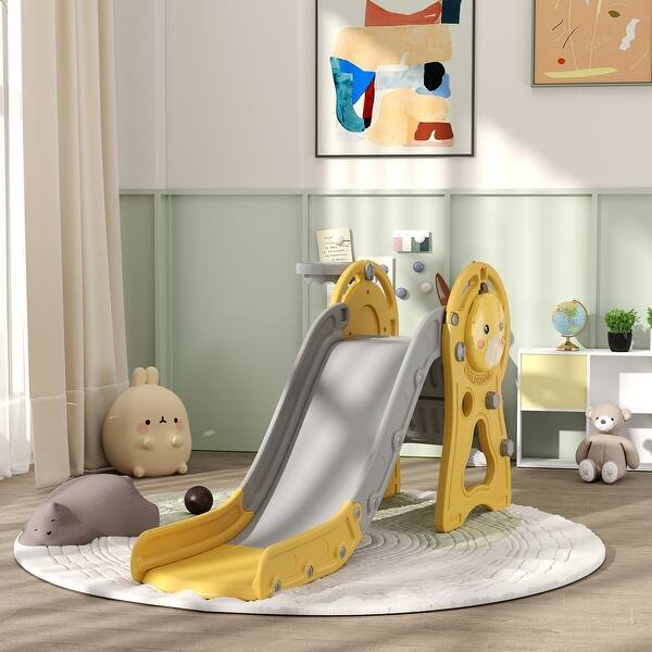 slide 2 of 9, Qaba Toddler Slide, 3 in 1 Slide for Kids Ages 1-3 Years, Indoor Slide with Basketball Hoop, Climber, Duck Pattern, Yellow Yellow - 2-4 Years
