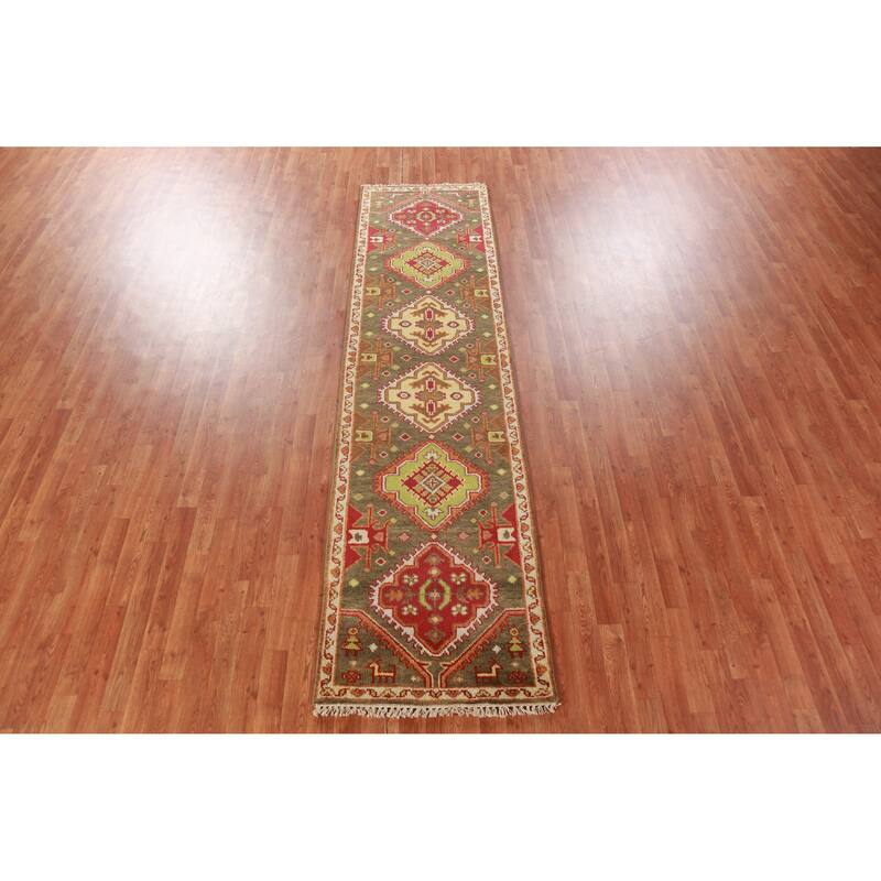 Hand Knotted Oriental 100% Wool Carpet Traditional Geometric Green Kazak Runner Rug - 9' 9'' X 2' 6''