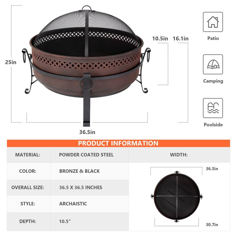 42 inches Outdoor Fire Pit with Spark Screen and Log Poker