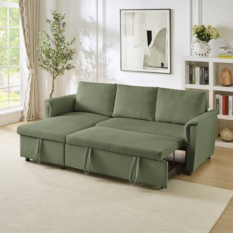 Corduroy L-Shape Sofa Convertible Sofa with Pull Out Sleep Bed