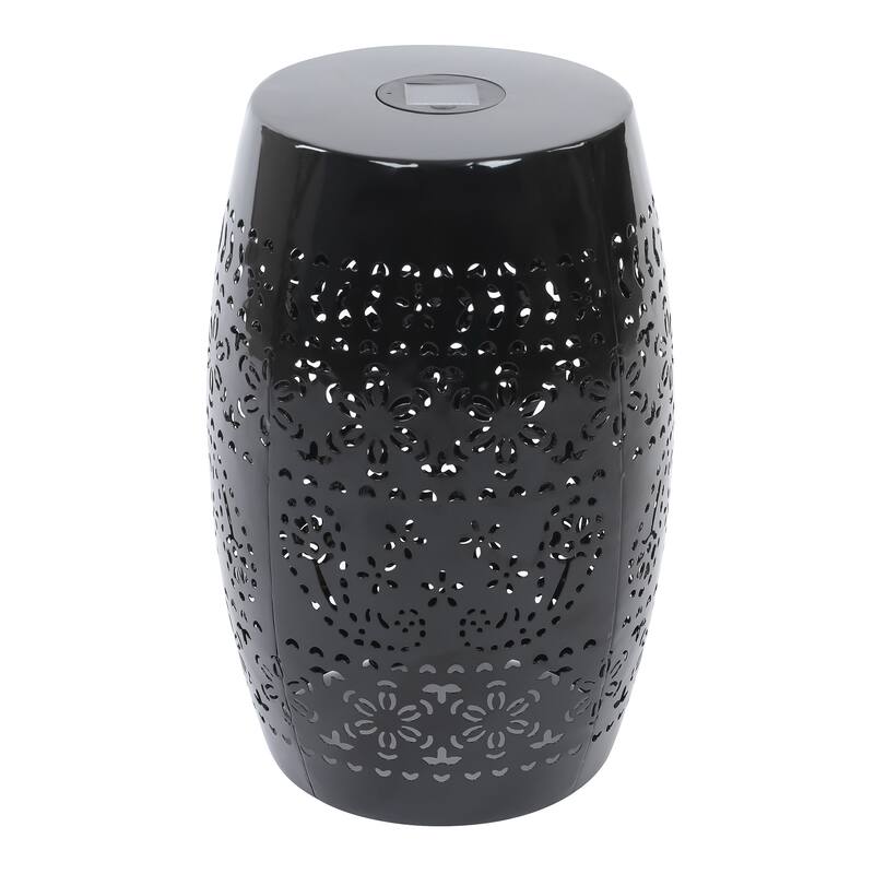 Sola Side Table, Solar Powered Light, 18 Inch Barrel Shaped Black Iron