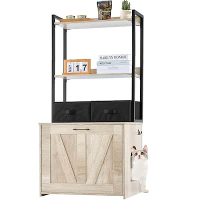 Cat Litter Box Enclosure, Hidden Litter Box Furniture with 2 Storage Shelves & 2 Baskets, Wooden Cat Washroom Indoor,