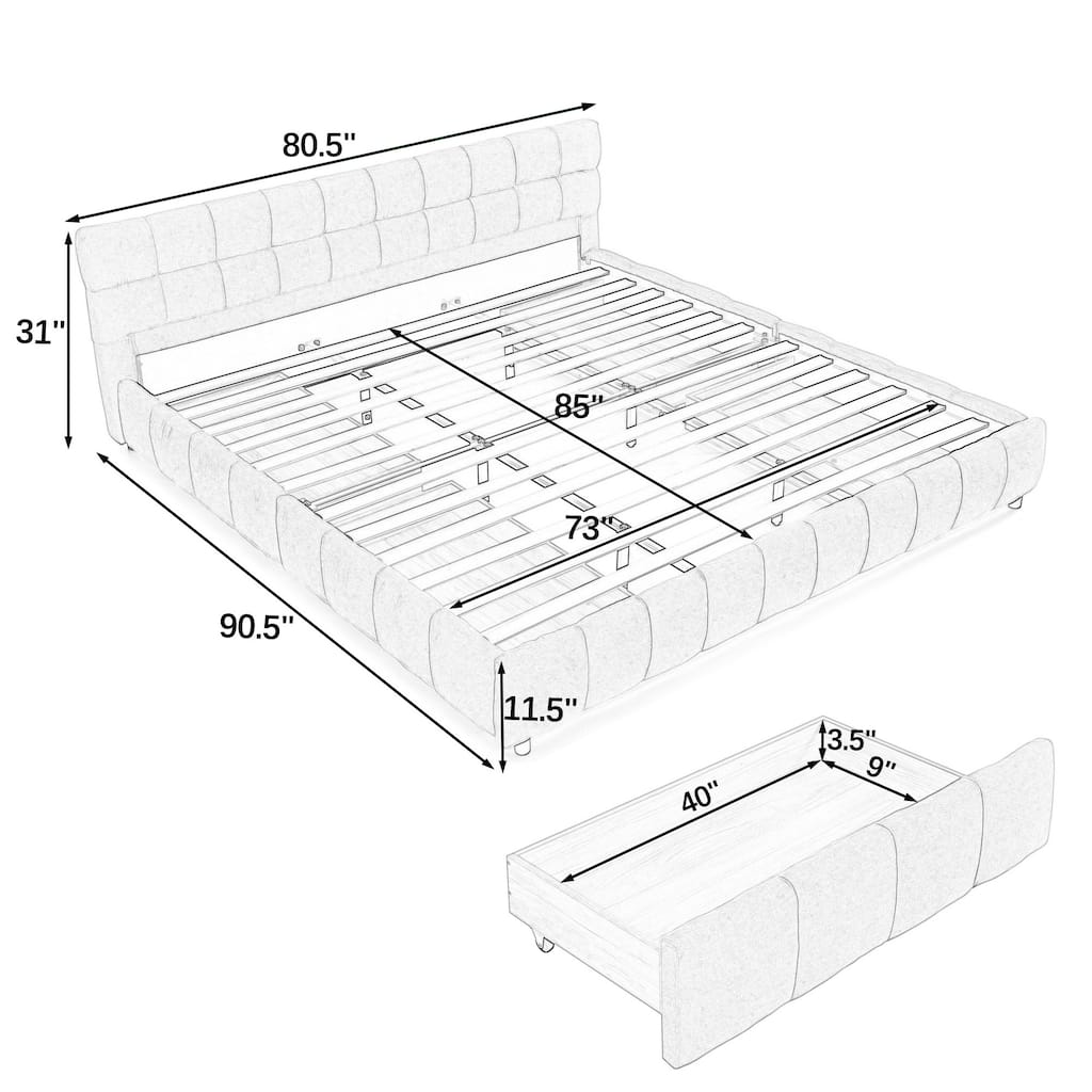 FurnitureR California King Upholstered Bed Frame with Storage Drawer, Chenille Padded Platform Bed