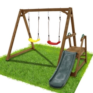 2 in 1 Natural Outdoor Wood Swing Set for Backyard with Slide