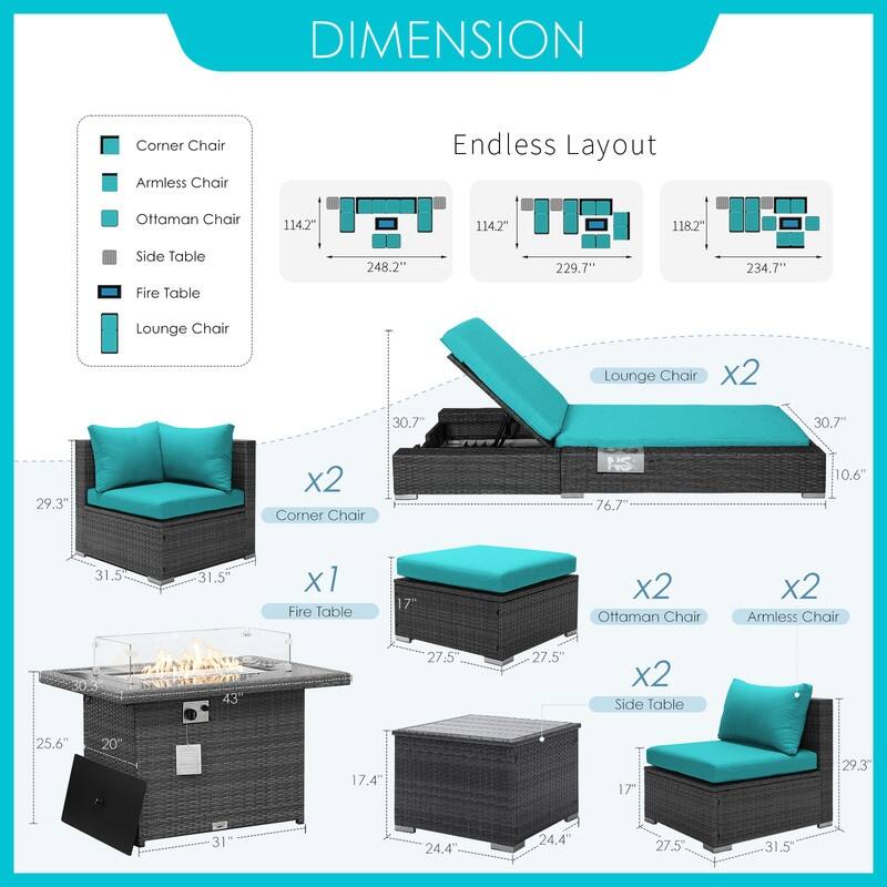 FINCATI 11 Pieces Patio Furniture Set Outdoor Sectional Sofa with Firepit Table