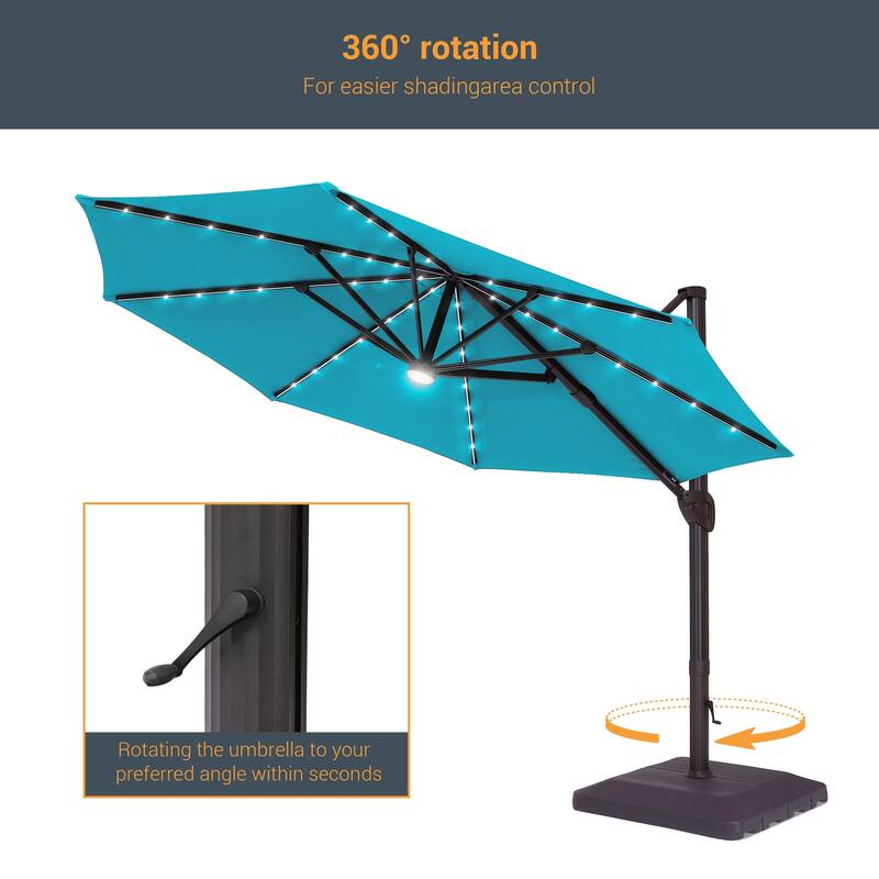 LIVOOSUN 11Ft LED Patio Hanging Octagon Cantilever Umbrella with 360-degree Rotating Canopy