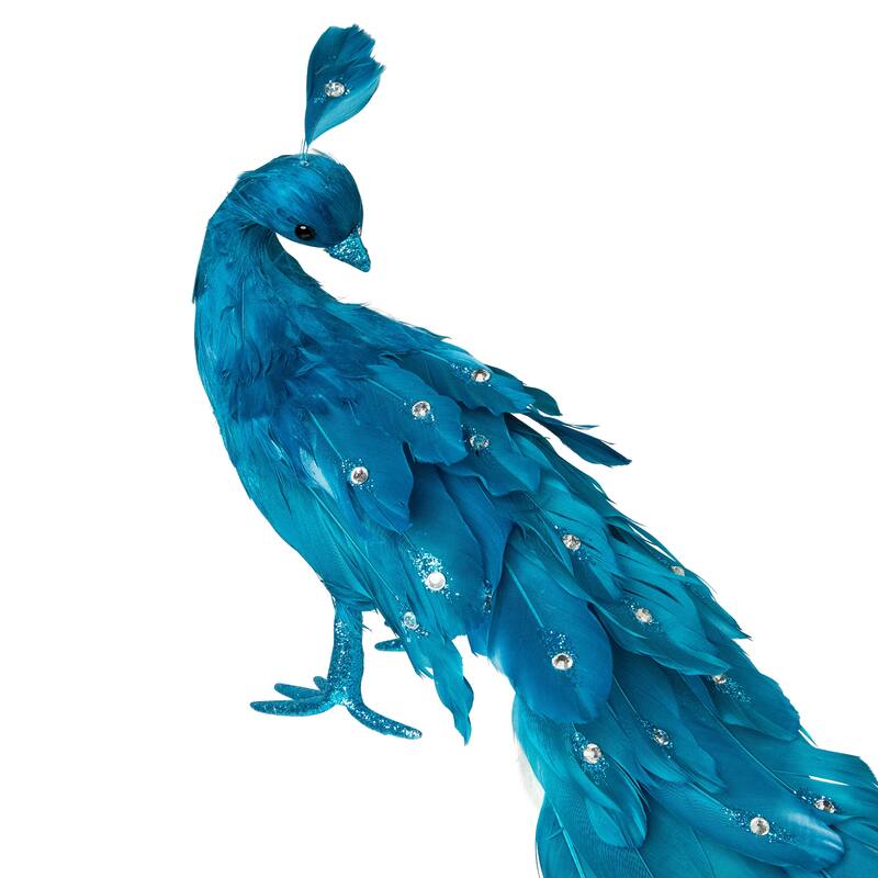 Peacock Glittered with Faux Crystals Christmas Decoration - 24" - Blue