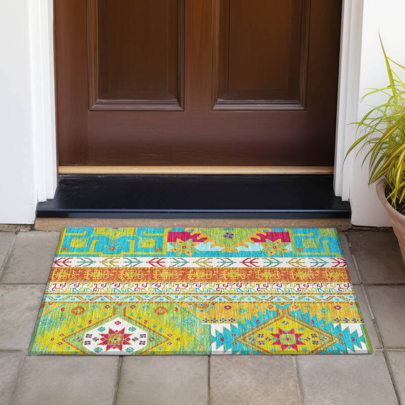 Machine Washable Indoor/ Outdoor Boho Tribal Chantille Rug - Teal - 1'8" x 2'6"