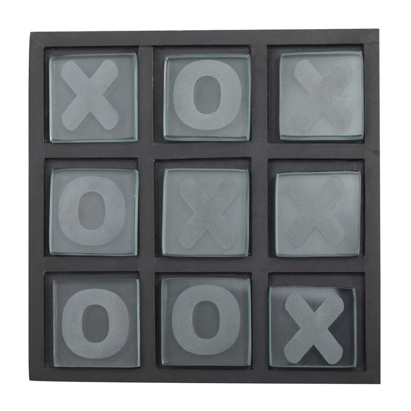 Wooden Tic Tac Toe Block Game Set with Steel or Light Wood Pieces - Black, Dark Brown, Gold - Roche River Decor - Black - 8"W, 1"H