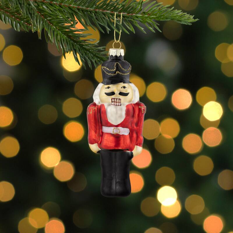 5" Red and Black Nutcracker Hanging Glass Christmas Ornament