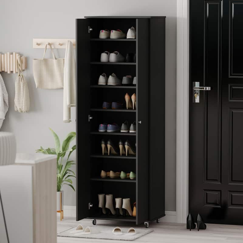 70.9"H Entryway Closet Cabinet Shoe Cabinet Adjustable Shelves Wheels