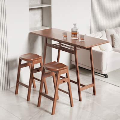 3 PCS Pub Dining Set Retro Bar Table Rubber Wood Stackable Backless High Stool for 2 with Shelf and Hooks