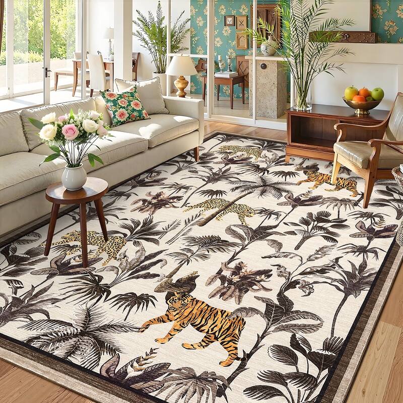 Living Room Rug Jungle Tiger Area Rug Plant Rugs Low Pile Non Shedding Soft Accent Carpet for Bedroom, Dining Room - 8'x10' - Beige