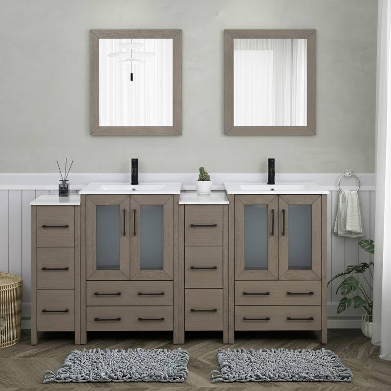 Vanity Art 72 in. Double Sink Bathroom Vanity with Top and Mirrors - 72 X 18.1 X 35.8 - Driftwood Gray