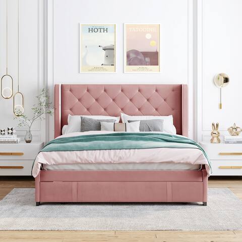 Queen Size Wingback Upholstered Platform Bed with Lozenge Pattern Headboard & Footside Drawer