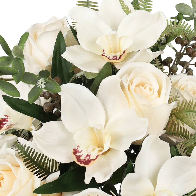 Set of 2 Ivory Artificial Mixed Rose Cymbidium Orchid Flower Stem Bush Bouquet 18in - 18" L x 11" W x 11" DP