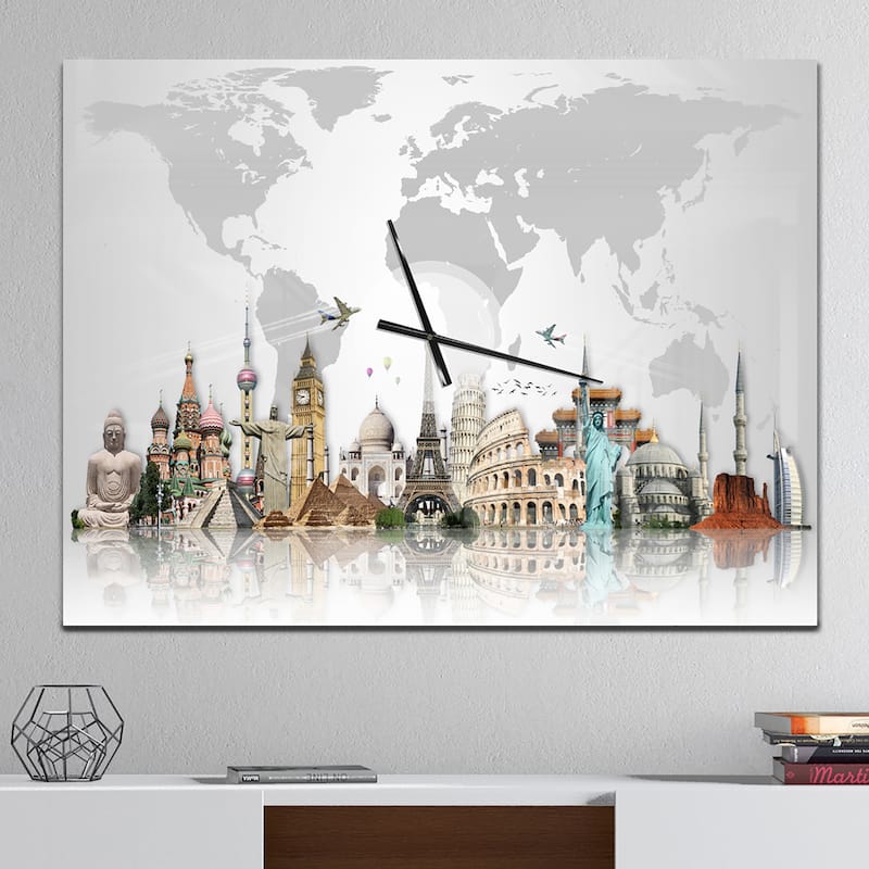 Designart 'Famous Monuments Across World' Large Industrial Wall CLock - 40 in. wide x 30 in. high